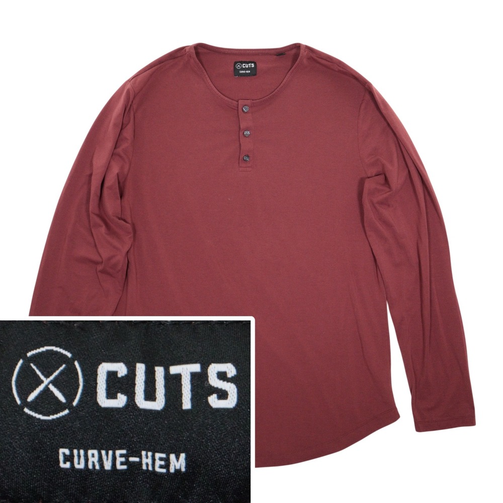 Cuts Clothing Henley Shirt Curved Hem Long Sleeve Casual Maroon Men 2XL